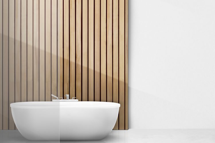 modern bathroom with wooden panels and bathroom cladding